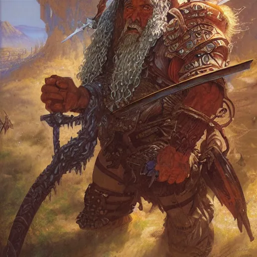 Prompt: art by donato giancola and bayard wu and gustav moreau and wayne barlowe, a fantasy cinematic shot of a dwarf berserker, fighting, warhammer, dnd, fighting monsters, octane render, hyperreal,