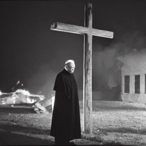 Image similar to photograph of john paul ii standing outside the entrance to a small burning church with a cross on its roof, night, black