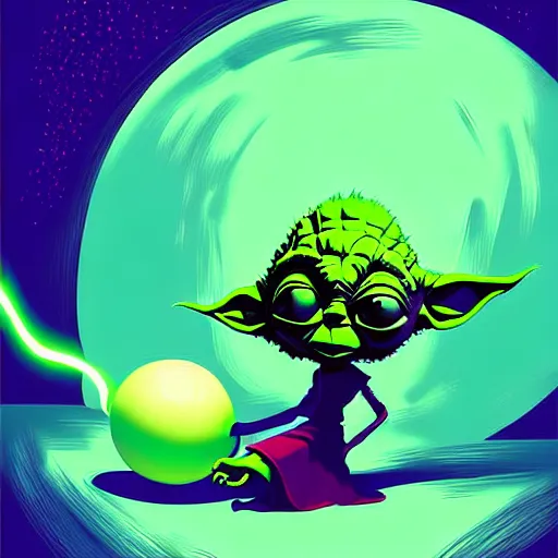 Image similar to curled perspective digital art of curly brown hair girl playing ball with yoda by anton fadeev from nightmare before christmas