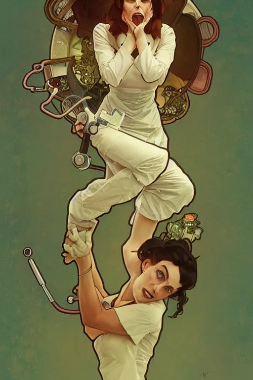 Image similar to doctor who, woman, as a mad dentist, on a plain green background, art by artgerm and greg rutkowski and alphonse mucha