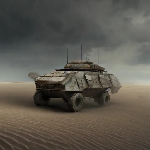Prompt: an image of an armored vehicle in the dunes of desert by Paul Chadeisson, atmospherical, stormy weather, concept art, high detail, sci-fi, cinematic, Artstation trending, octane render