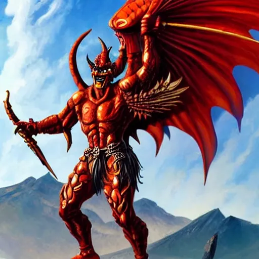 Prompt: am a naranbaatar ganbold, jean giraud, artgerm, man devil in armor made of iron and dragon bones, with hellish big beautiful red devil wings, height detailed body elements, against the background of mountains, ocean, battlefield