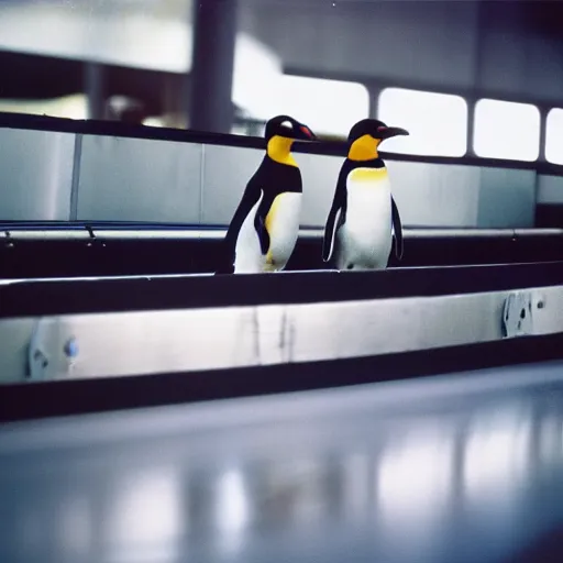 Prompt: two penguins in airport baggage claim area, conveyor belt. ektachrome,