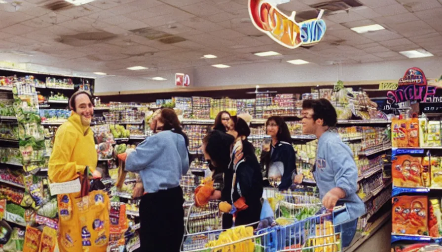 Prompt: 1990s candid photo of a beautiful day at the grocery store, cinematic lighting, cinematic look, golden hour, large costumed mascot business people giving space presentations to families, Enormous personified business people with outstandingly happy faces coming out of a portal and talking to families about planets and galaxies, floating tiny planets, UHD