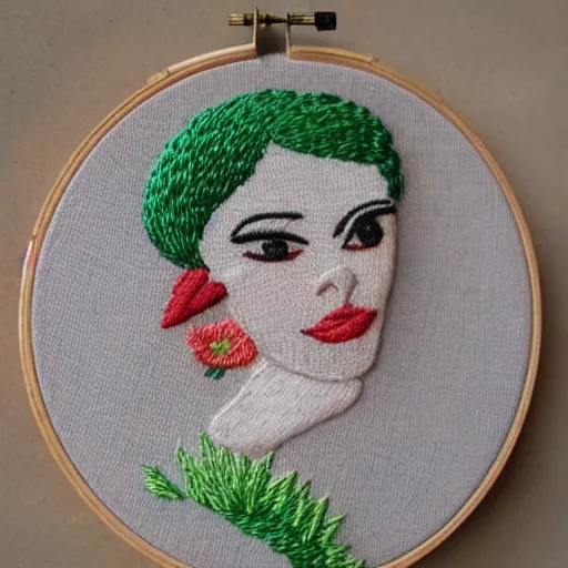 Image similar to a tiny beautiful handmade embroidery of a woman. hand embroidery.