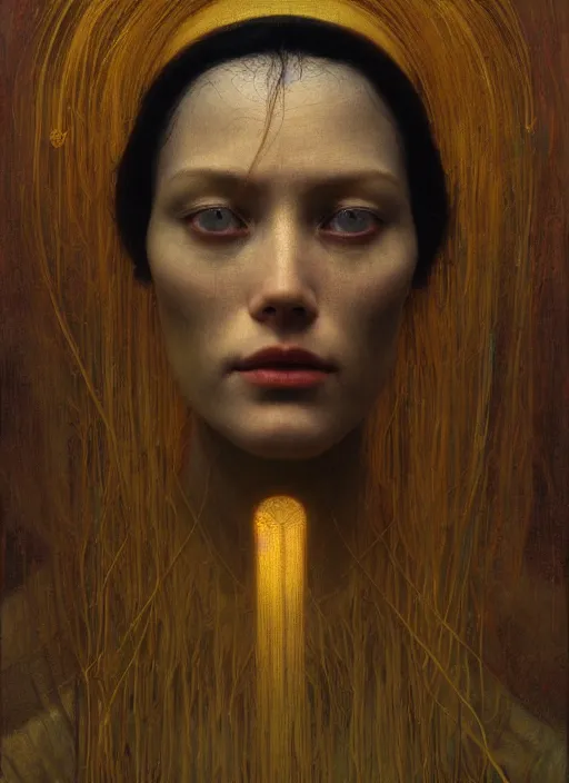 Image similar to Woman masterpiece, beautiful eyes, yellow, golden halo behind her head, red wires wrap around, by Edgar Maxence and Ross Tran, Zdzisław Beksiński, and Michael Whelan, distant, gustav dore, H.R. Giger, 8k, octane render