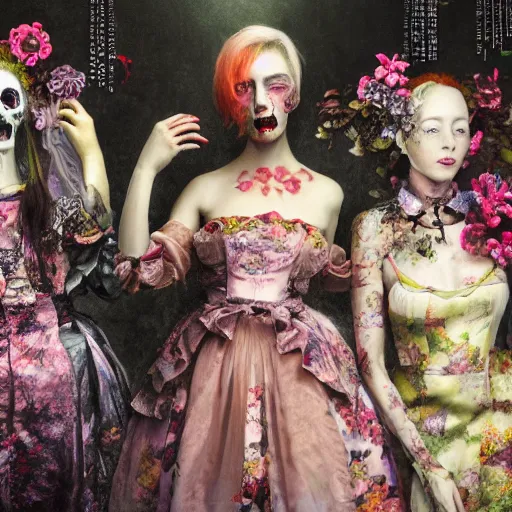 Image similar to 8k, octane render, cyberpunk painting, realism, tonalism, renaissance, rococo, baroque, group of creepy young ladies wearing long harajuku manga dress with flowers and skulls, background chaotic flowers