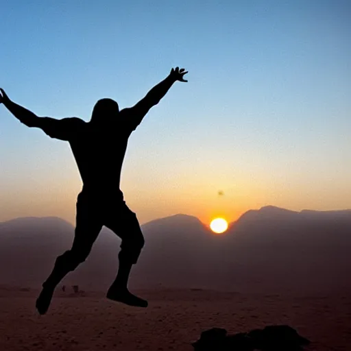 Image similar to cinematic still of silhouette of man in Biblical clothing jumping for joy, beautiful middle eastern landscape with sunrise behind, Biblical epic movie directed by Steven Spielberg