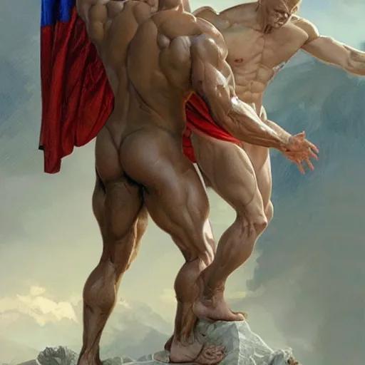 Image similar to President Donald J Trump and vladimir putin making out as a Greek gods, detailed faces, gorgeous, amazing, muscular, fit, very muscular male body, intricate, highly detailed, digital painting, artstation, concept art, sharp focus, illustration, art by greg rutkowski and alphonse mucha