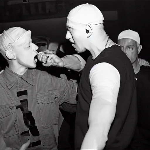 Image similar to eminem having a rap battle with hitler