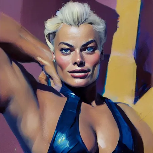 Image similar to greg manchess portrait painting of smiling margot robbie as beautiful thick muscular female bodybuilder zarya from overwatch, medium shot, asymmetrical, profile picture, organic painting, sunny day, matte painting, bold shapes, hard edges, street art, trending on artstation, by huang guangjian and gil elvgren and sachin teng