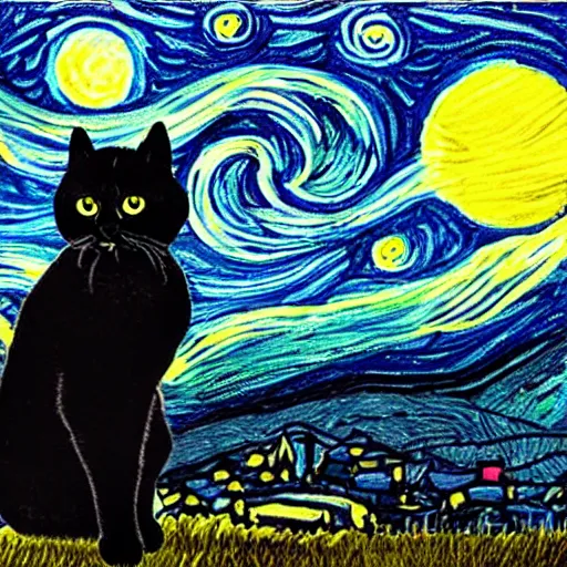 Image similar to kittens staring at the moon a starry night style