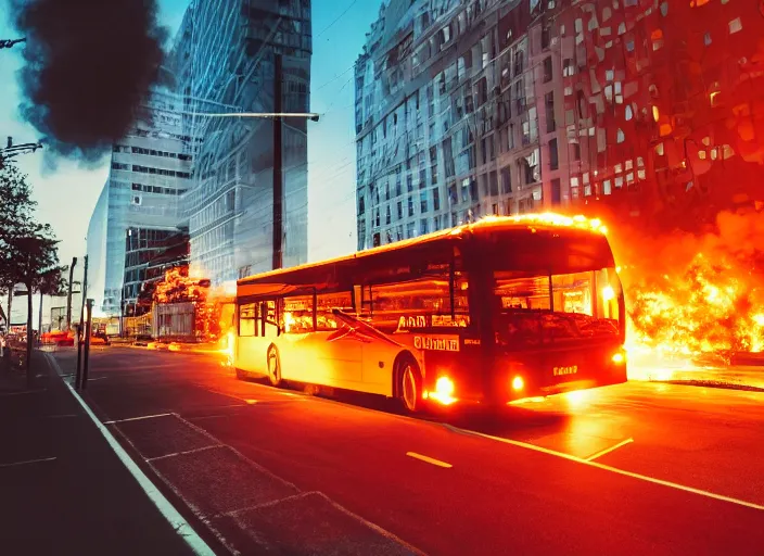 Prompt: a 3 5 mm photo of a city bus with the wheels and engine on fire, splash art, movie still, bokeh, canon 5 0 mm, cinematic lighting, dramatic, film, photography, golden hour, depth of field, award - winning, anamorphic lens flare, 8 k, hyper detailed, 3 5 mm film grain