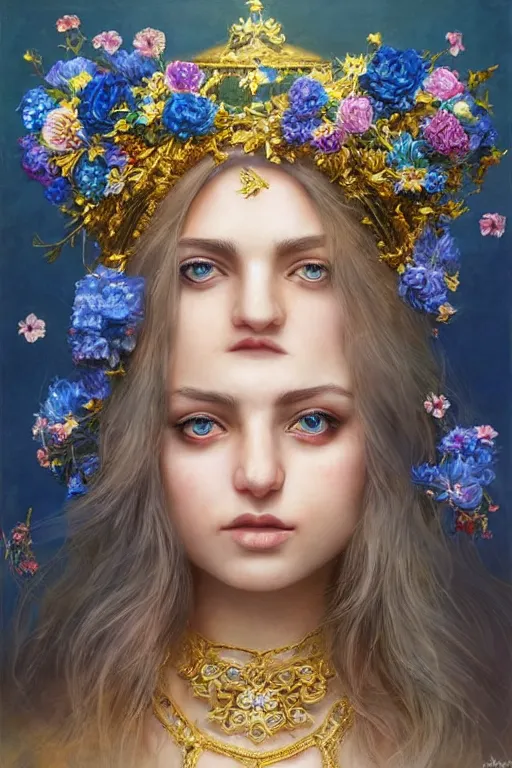 Prompt: a pale Persian girl with golden hair, floral crown, sad blue eyes, cinematic lighting, ultra detailed, highly detailed, sharp focus, golden background with flowers, golden jewellery with blue sapphires, photographic, art by artgerm and greg rutkowski and zdislav beksinski