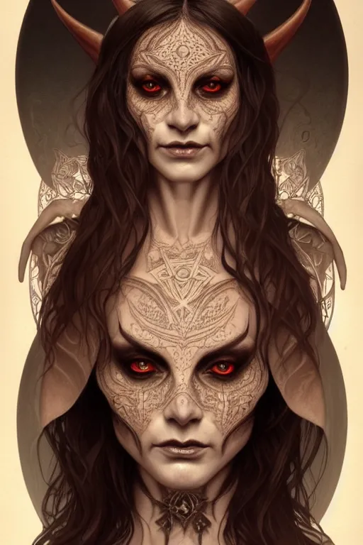 Image similar to portrait of a satanic witch, tattooed face, upper body, decorated, intricate, elegant, highly detailed, digital painting, artstation, concept art, smooth, sharp focus, illustration, art by artgerm and greg rutkowski and alphonse mucha, 8 k