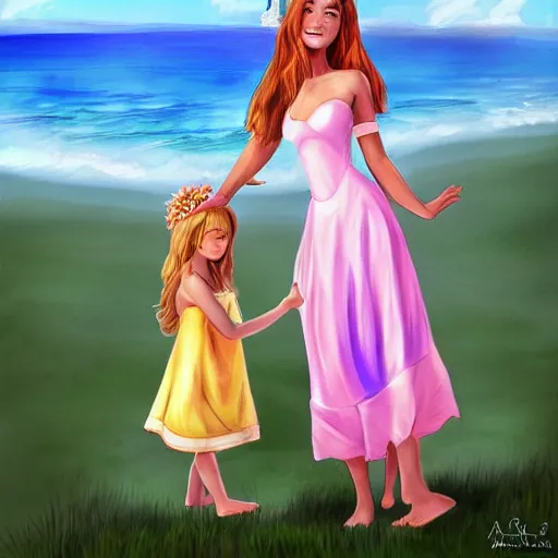 Image similar to two beautiful princesses in sundresses on the beach drawn by artgerm