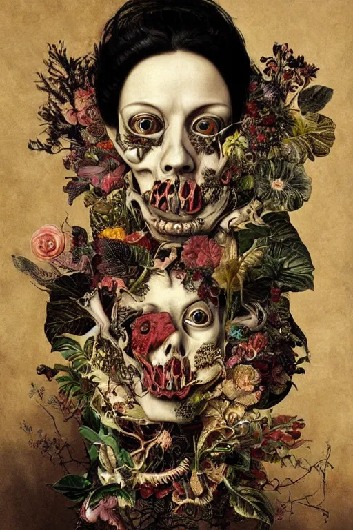 Image similar to Detailed maximalist portrait with large lips and with large, wide eyes, expressive, extra bones and flesh, HD mixed media, 3D collage, highly detailed and intricate, surreal, botany, illustration in the style of Caravaggio, dark art, baroque