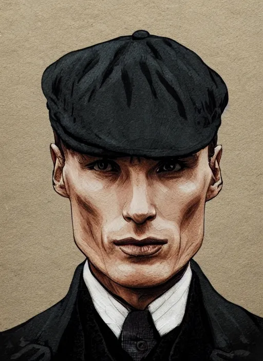 Image similar to Tommy Shelby from Peaky Blinders, Cillian Murphy closeup portrait. flat cap. manga. gritty. Hoshino Yukinobu, Saito Takao, Hoshino Yukinobu