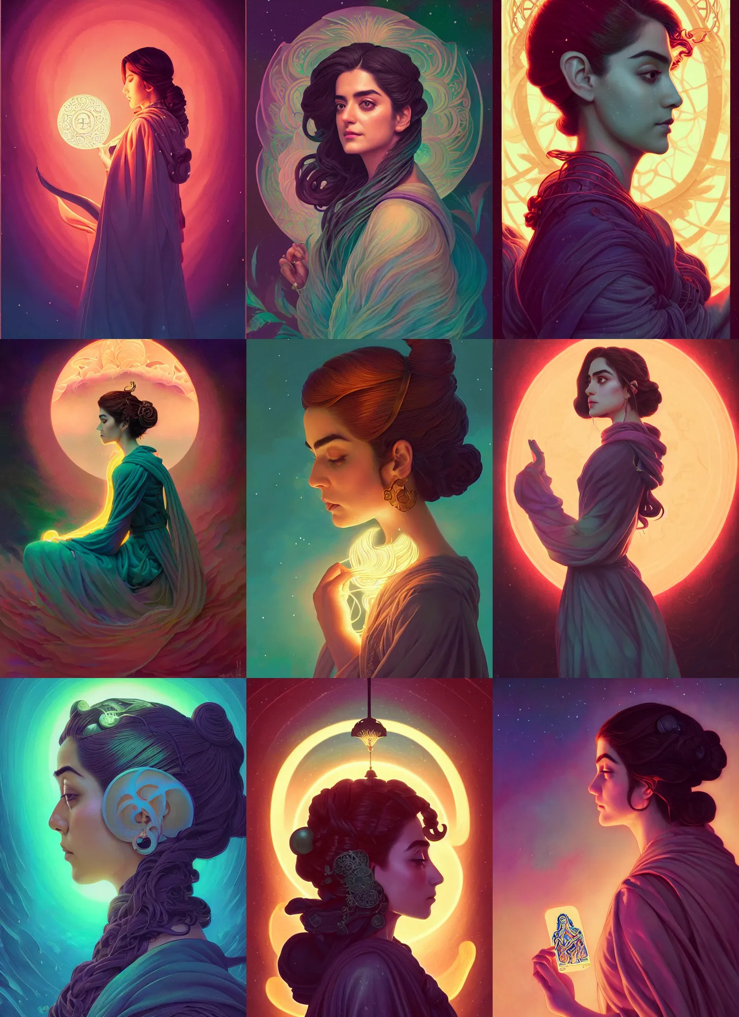 Prompt: side portrait, maya ali, wind sorcerer, gloomhaven, soft, smooth, luminescent, art nouveau tarot, backlit glow, by hitomi kisugi, martine johanna, simon stalenhag, chie yoshii, casey weldon, wlop, ilya kuvshinov, cushart krenz