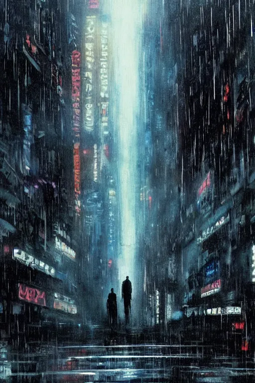 Prompt: a moving painting of the final scene of blade runner where replicant roy batty realizes the very absurdity of life when all memories will be lost in time like tears in the rain, in the style of blade runner, ridley scott