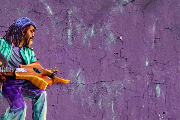 Image similar to dripping purple faded paint across the shape of a human playing guitar, realistic, extremely detailed, coming out of the mystical wall