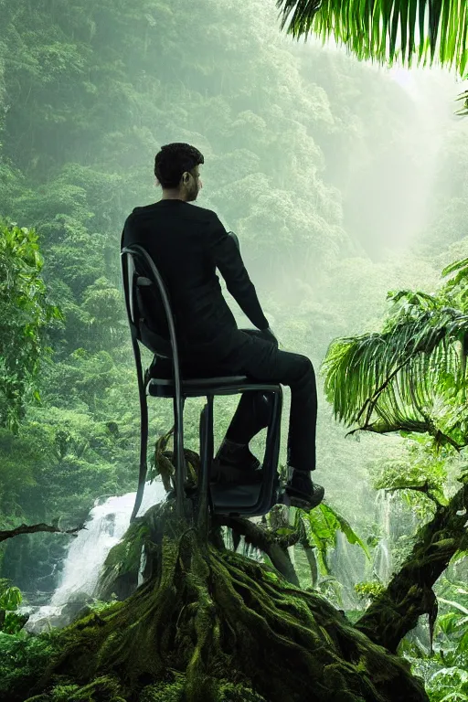 Image similar to movie closeup young man with a grey beard in a cyberpunk suit sitting on a futuristic chair at the edge of a jungle waterfall by emmanuel lubezki