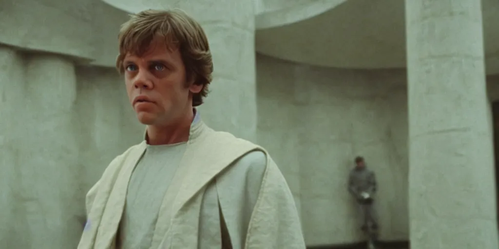 Image similar to screenshot of master Luke Skywalker played by Mark Hammil standing alone in the Jedi Temple, 1970s thriller by Stanely Kubrick film, color kodak, ektochrome, anamorphic lenses, detailed faces, hyper realistic, photoreal, detailed portrait, moody cinematography, strange lighting