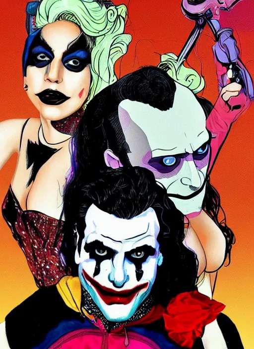 Image similar to lady gaga harley queen and joaquin phoenix joker by mimmo rottela and bengus and banksy