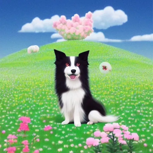Prompt: a sweet border collie pokemon in a beautiful landscape. chiho aoshima. very cute. friendly. beautiful. digital render.