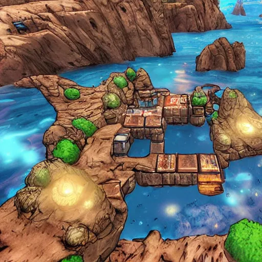 Image similar to a cozy village hanging off the cliffs of mars, water, in the style of borderlands 2,