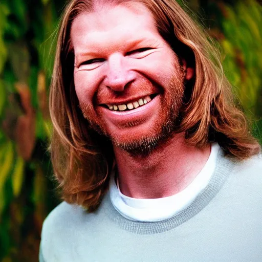 Image similar to Aphex Twin smiling, sunny day, award winning photo,