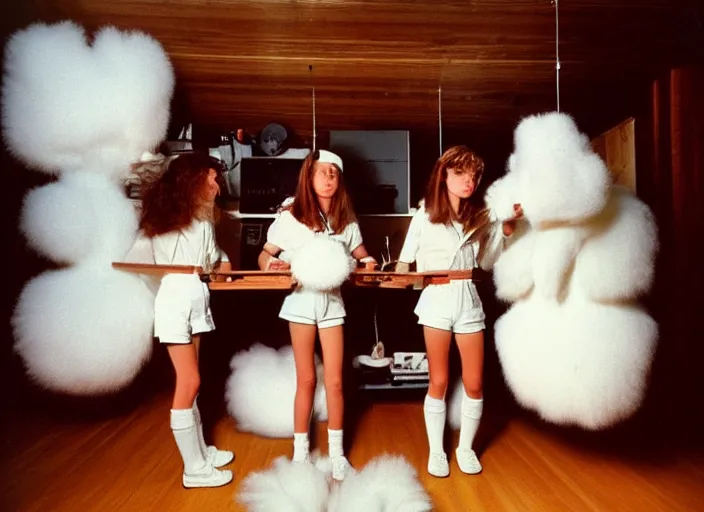 Image similar to realistic photo of a three young female birdman wearing white shorts, watching at a levitating fluffy furry cloud, in a living room sci - fi laboratory with many wooden gadgets made of wood interior is made of wood 1 9 9 0, life magazine reportage photo, natural colors