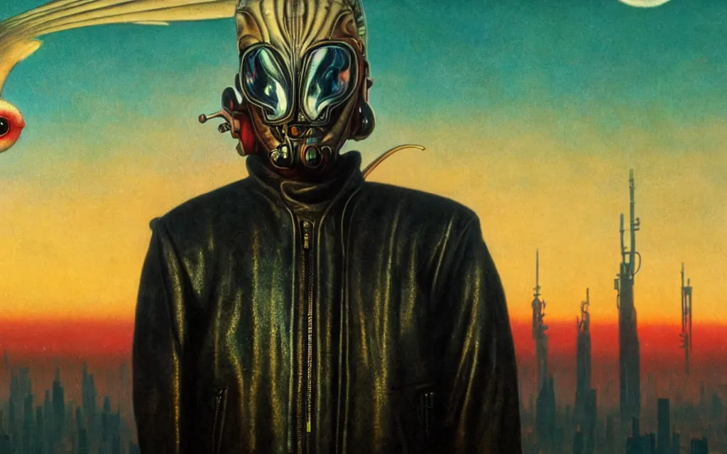 Image similar to realistic detailed portrait movie shot of a birdman wearing leather jacket, futuristic city sunset landscape background by denis villeneuve, amano, yves tanguy, alphonse mucha, ernst haeckel, max ernst, roger dean, rich moody colours, cinematic