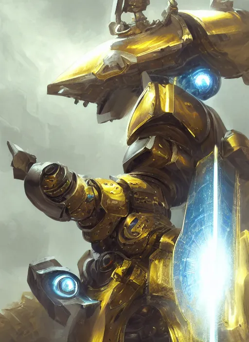 Prompt: dynamic attack position abstract portrait of a intricate glorious holy mechanical warforged character in yellow armor holding a paladin engraved great longsword drawn and carrying a big paladin shield, beam glowing eye , face in focus, epic , trending on ArtStation, masterpiece, cinematic lighting, by Ross Tran and by Greg Rutkowski