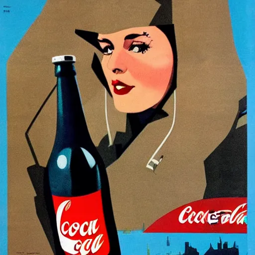 Image similar to a woman in a parka drinking a bottle of coke in an icy landscape, constructivist, russian, soviet advertisement, 1 9 5 0's