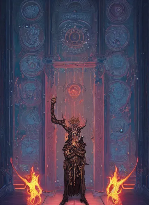 Image similar to intricate rendered portrait of Hades the god of the dead standing by an ornate door by Peter mohrbacher and Dan mumford and beeple, trending on cgsociety, inctricate door, flames, hell