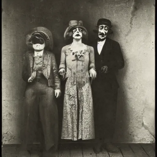 Image similar to portrait of side show clowns, photograph, style of atget, 1 9 1 0, creepy, dark