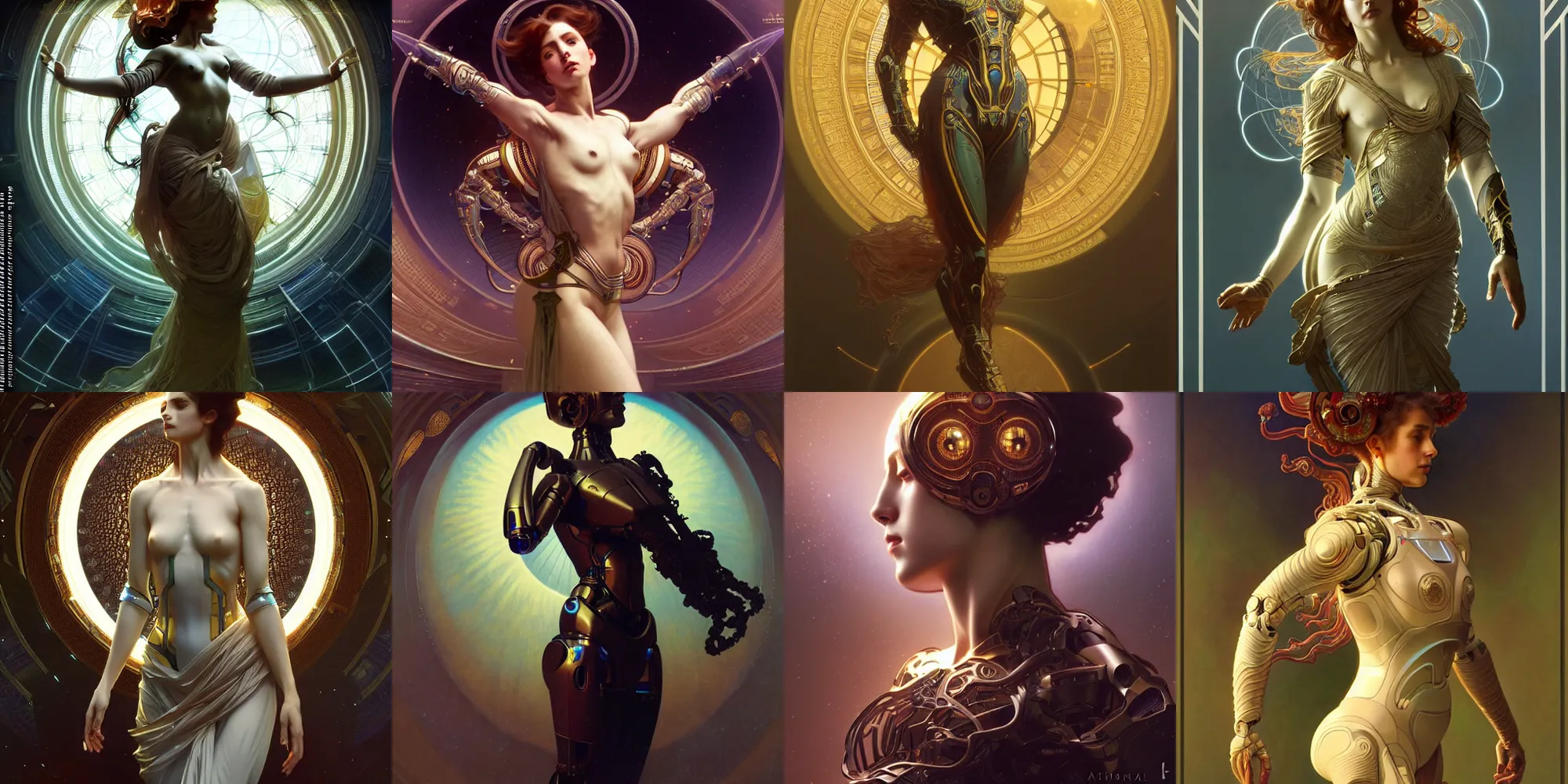 Prompt: a stunning dynamic pose full body of a celestial artificial intelligence mind, intricate, 8k highly professionally detailed, hdr, CGSociety, dark fantasy, dynamic lighting, cinematic, pristine, smooth, cosplay, elegant, sharp focus, art by alphonse mucha and greg rutkowski,