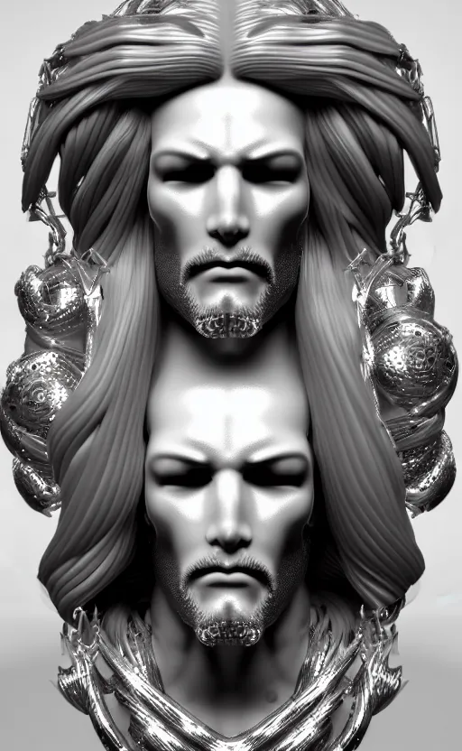 Image similar to white cyborg Jesus, cyber copper spiral decorations, white elegant baroque design, headshot half figure, photorealistic, 8k, hyper detailed, unreal engine, trending on artstation