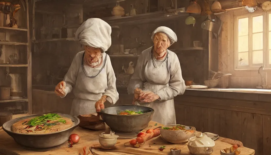 Prompt: old eastern lady cooking in 1 9 0 0's old wooden kitcher, pan and plates, hyperdetailed, artstation, cgsociety, 8 k