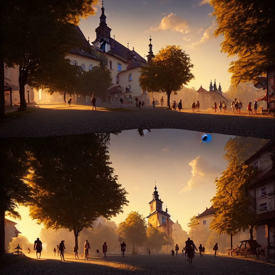 Image similar to a beautiful photo of banska stiavnica in summer with old houses and trees in sunset, sky, people walking on street, unreal engine, by greg rutkowski and james gurney, artstation