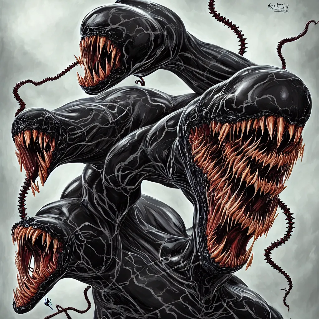 Image similar to anatomically acurate full body long shot venom from marvel comics!!!!, large mouth with teeth, lovecraftian horror!, surrealism, fantasy, intricate, elegant, highly detailed, digital painting, artstation, concept art, matte, sharp focus, illustration, art by keith thompson and christopher lane