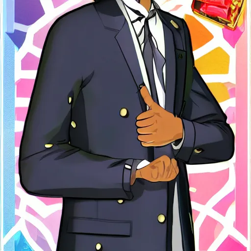 Image similar to will smith wearing luxury suits as a gacha game rare character, cartoon, anime, trend in pixiv, cool color pattern