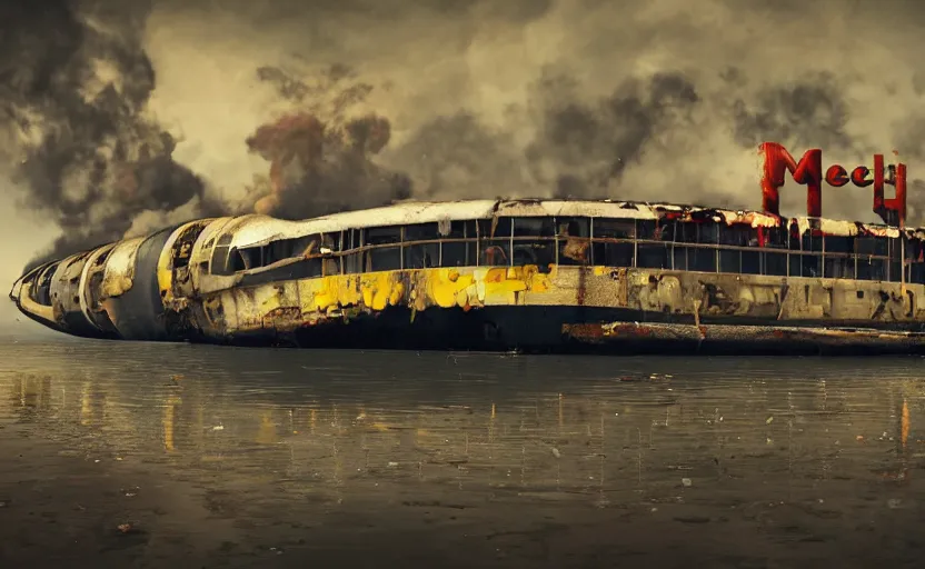 Prompt: a derelict immense McDonald's brand vacation cruise liner oceanliner ship with yellow golden arches logo and tall smoke stacks crashed and broken on a deserted island, moored, fast food restaurant color scheme, golden arches, golden hour, thick black smoke billowing, overcast, dystopian, bad vibes, photorealistic, sharp focus, hyper detailed, octane render