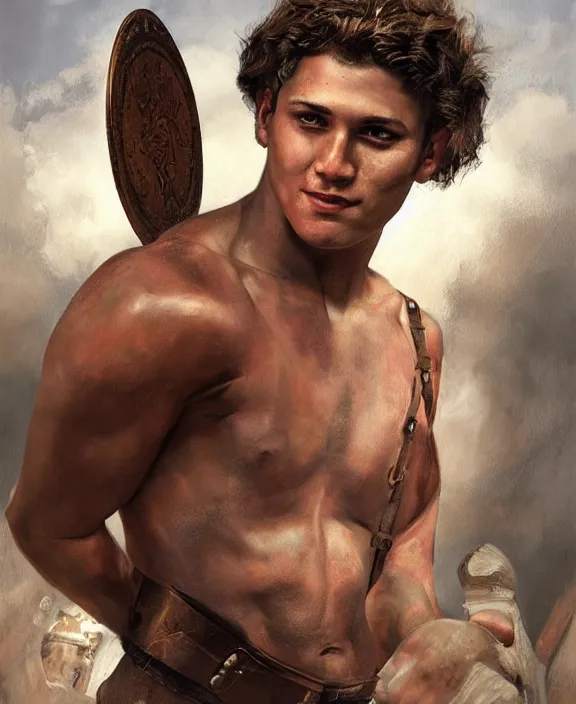 Image similar to portrait of a handsome young latin gladiator, art by denys tsiperko and bogdan rezunenko and franz xaver kosler, hyperrealism, fantasy art