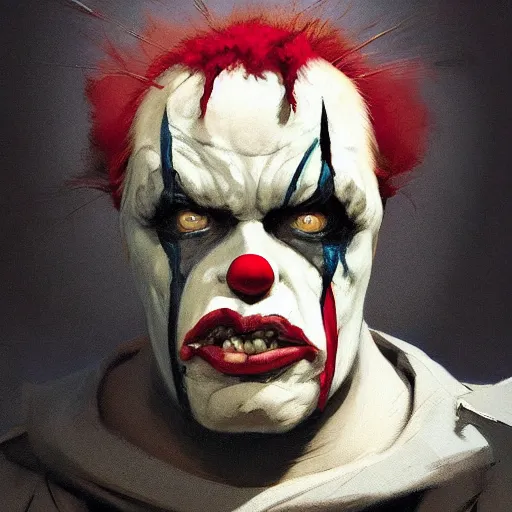 Image similar to 4k headshot portrait of Spawn clown from Macfarlane comics by Craig Mullins, ilya kuvshinov, krenz cushart, epic , artgerm trending on artstation by Edward Hopper and Dan Mumford and WLOP and Rutkovsky, beksinski carl spitzweg moebius and tuomas kocar, intricate artwork by caravaggio, Unreal Engine 5, Lumen, Nanite , 4K headshot of godlike clown with defined arms and open hands and bloody clothes with giant mandala wings , intricate face , flawless anime cel animation by Kentaro Miura, psychedelic , highly detailed upper body , professionally post-processed , beautiful, scary, symmetry accurate features, epic, octane rendered, anime masterpiece, accurate