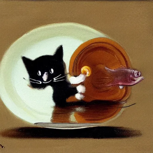 Prompt: a cute painting of a surprised cat caught in the act of stealing a fish off of a dinner plate