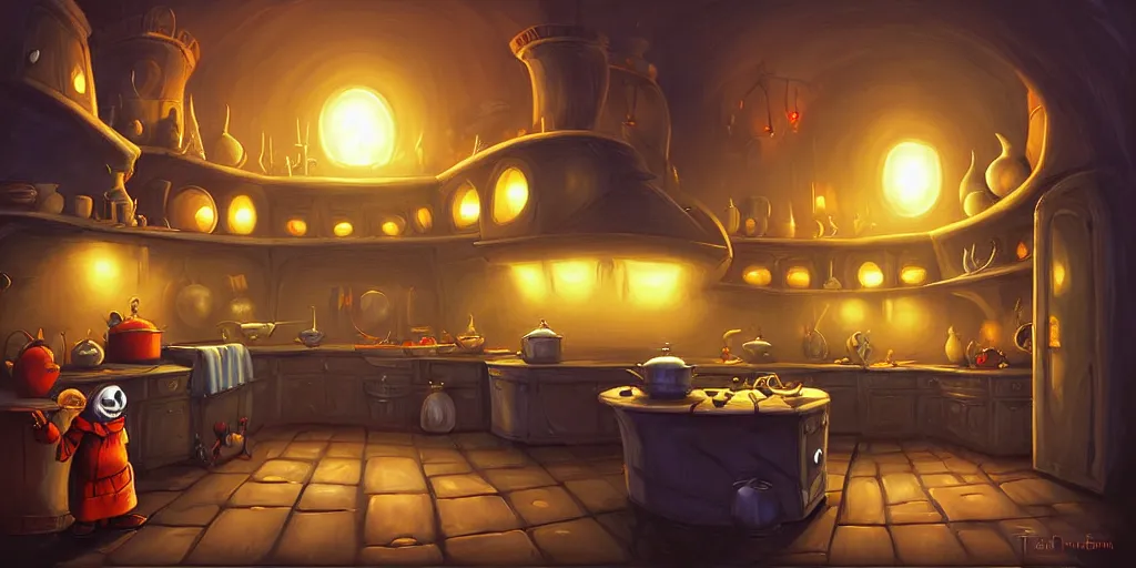 Prompt: curved perspective digital art of a dark kitchen from Tim Burtons Nightmare Before Christmas by Andreas Rocha