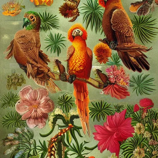 Prompt: beautiful elegant ernst haeckel fauna illustration of many greek cheek conures and flowers