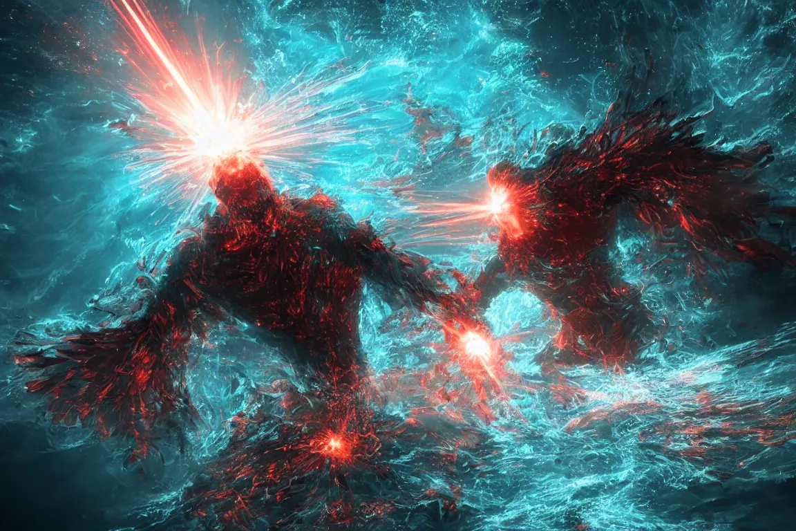 Prompt: colossal shaman god destroying very living thing in the ocean, made of lasers, cast across the night sky, 8 k, ultra realistic, lens flare, atmosphere, glow, detailed, intricate, full of colour, cinematic lighting, trending on artstation, 4 k, hyperrealistic, focused, extreme details, unreal engine 5, cinematic, masterpiece